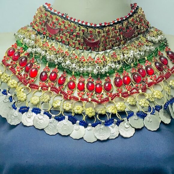 Red Stones Afghan Necklace, Vintage Coins Multilayer Choker Necklace, Gypsy - Picture 2 of 14
